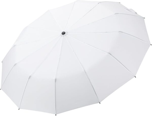 GAOYAING 46 Inch Large Automatic Travel Umbrella, 12 Ribs Windproof Design, Heavy Duty Strong 210T Pongee Fabric Folding Umbrella with Sleeve, White - Image 7
