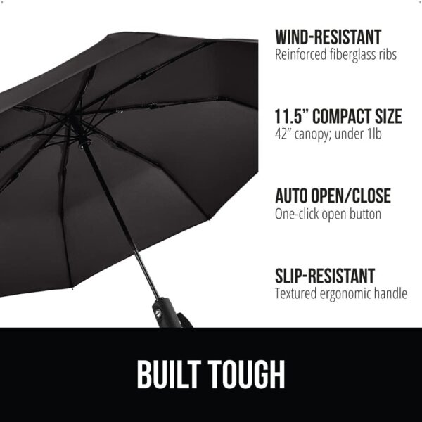 GORILLA GRIP Windproof Compact Stick Umbrella for Rain, Travel One-Click Automatic Open and Close, Lightweight, Portable, Strong Reinforced Fiberglass Ribs, Easily Collapsible, Black - Image 2