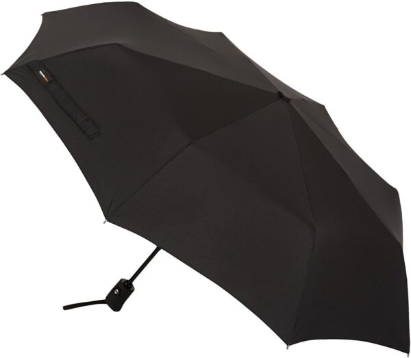 Amazon Basics Round Travel Umbrella for Rain, Compact Umbrella with Auto Open/Close, Strong Alloy Steel Frame, Compact Size for Backpacks/Handbags (11" Long When Closed), One Size, Black