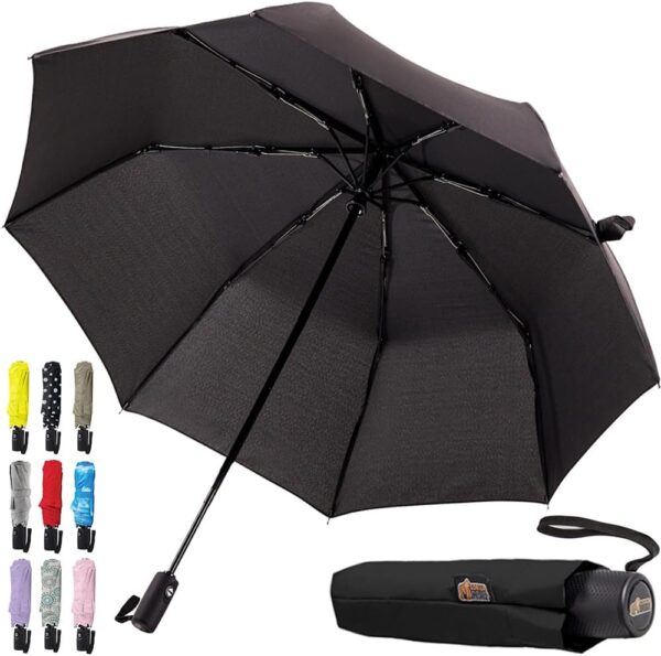 GORILLA GRIP Windproof Compact Stick Umbrella for Rain, Travel One-Click Automatic Open and Close, Lightweight, Portable, Strong Reinforced Fiberglass Ribs, Easily Collapsible, Black