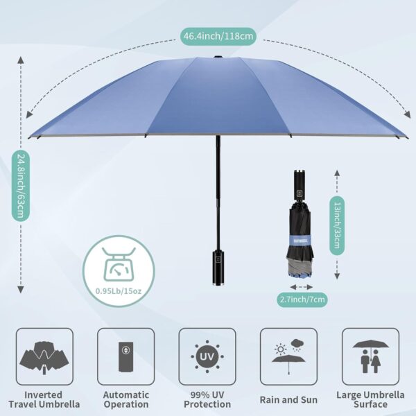 Yoobure Inverted Travel Umbrella, Automatic Umbrellas for Rain, Windproof Compact Folding with Reflective Stripe, Portable Large for Backpack, Lightweight with Sun UV Protection - Image 2