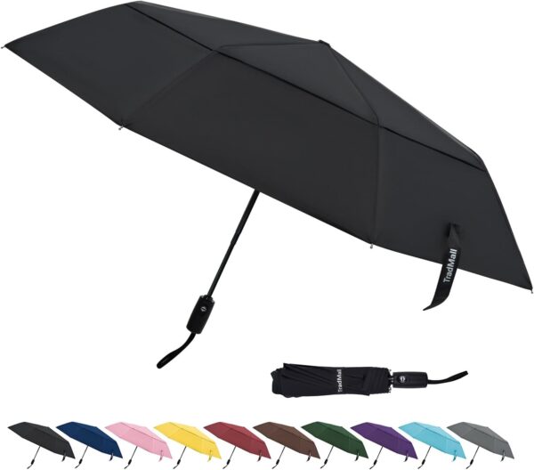 TradMall Travel Umbrella, 42/45 Inches Double Vented Canopy Windproof Automatic Strong Compact Folding Umbrellas for Rain Women and Men