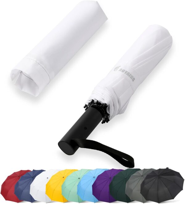 GAOYAING 46 Inch Large Automatic Travel Umbrella, 12 Ribs Windproof Design, Heavy Duty Strong 210T Pongee Fabric Folding Umbrella with Sleeve, White