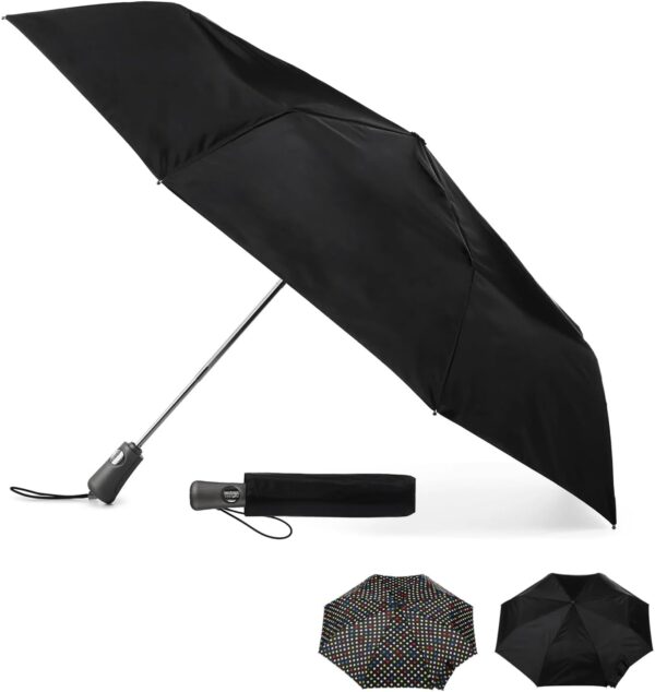 totes Portable Umbrella for Travel – Compact for Car, Backpack and Purse – Windproof, Strong, UV Sun Protection, Water-Repellant, Foldable On-the-Go Umbrella with One Touch Open/Close