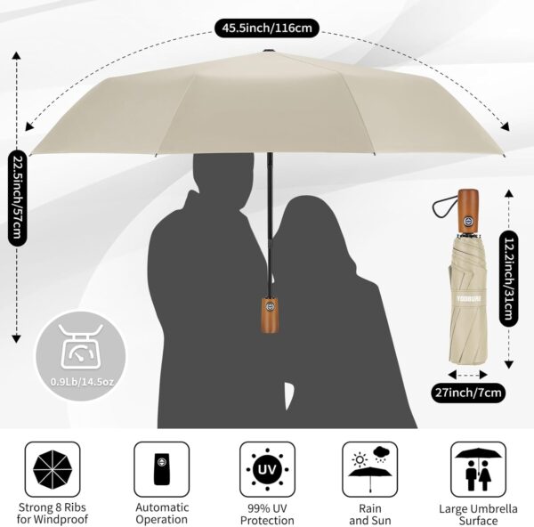 Yoobure Windproof Travel Umbrella with Wood Handle, Automatic Umbrellas for Rain & UV Sun Protection, Compact 46" Large Canopy, Lightweight Backpack Portable for Walking & Outdoor - Image 2