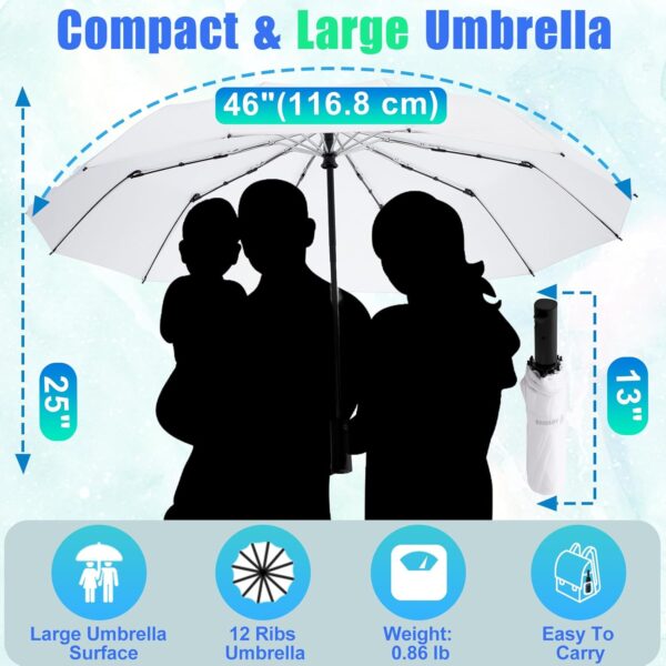 GAOYAING 46 Inch Large Automatic Travel Umbrella, 12 Ribs Windproof Design, Heavy Duty Strong 210T Pongee Fabric Folding Umbrella with Sleeve, White - Image 2