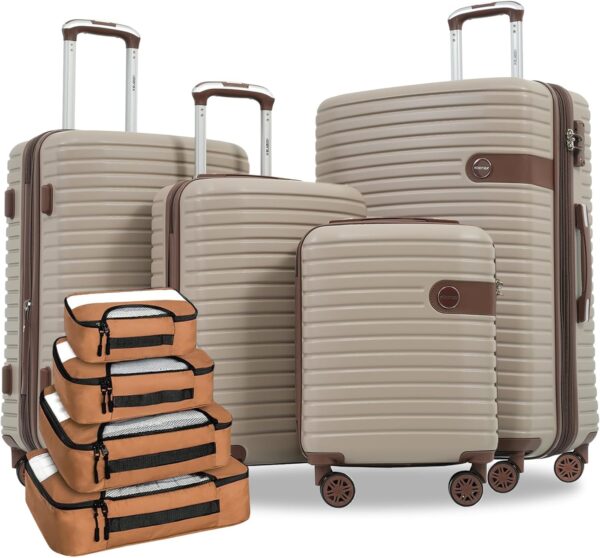 Merax Hardshell Luggage Sets 4 piece Lightweight Durable Suitcases With Wheels TSA Lock Expandable (only 24”/28”) ABS Large Travel Luggage Set (Khaki)