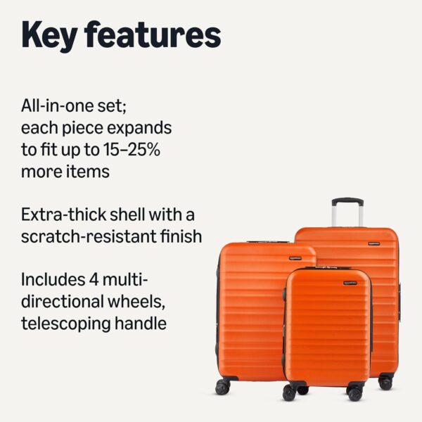 Amazon Basics 3-Piece Set (21", 26", 30"), Hardshell Suitcases With Wheels, Expandable For Up to 25% More Space, With Scratch-Resistant Surface, Four Multi-directional Wheels, Orange - Image 2