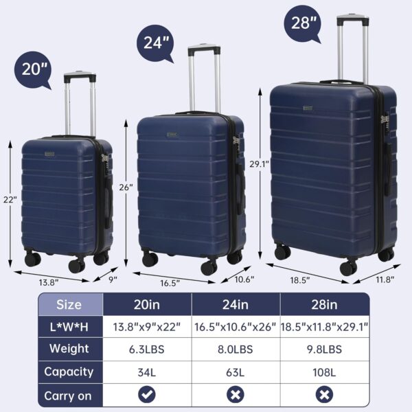 Kromax Lightweight 3 Piece Hardshell Luggage Set, Expandable, TSA Lock, 8 Packing Organizers, Reinforced Telescopic Handle, 360 Wheels, Blue - Image 7