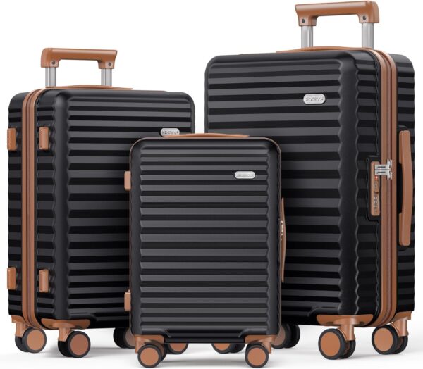 SHOWKOO Luggage Sets 3 Piece Hardside Expandable Suitcase with Double Spinner Wheels Tsa Lock Black (20in/24in/28in)