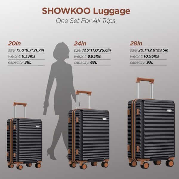 SHOWKOO Luggage Sets 3 Piece Hardside Expandable Suitcase with Double Spinner Wheels Tsa Lock Black (20in/24in/28in) - Image 9