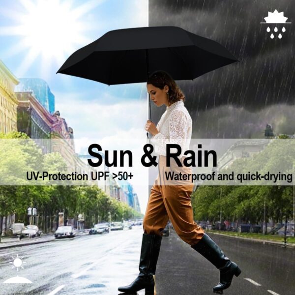 Windproof Mini Travel Folding Umbrella - UPF 50+ Sun & Rain Protection, Small Compact Lightweight Design Fits in Pocket or Bag, Eco-Friendly Fabric Wallet Umbrella for Commuter, Men Women Boys Girls - Image 4