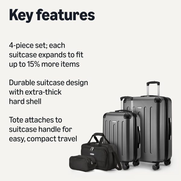 Amazon Basics 4-Piece Luggage Set, Including Two Hardside Suitcases With Multi-directional Spinner Wheels (22" Carry-On and 28" Checked), 15" Tote Bag and 10" Compact Travel Bag, Black - Image 2