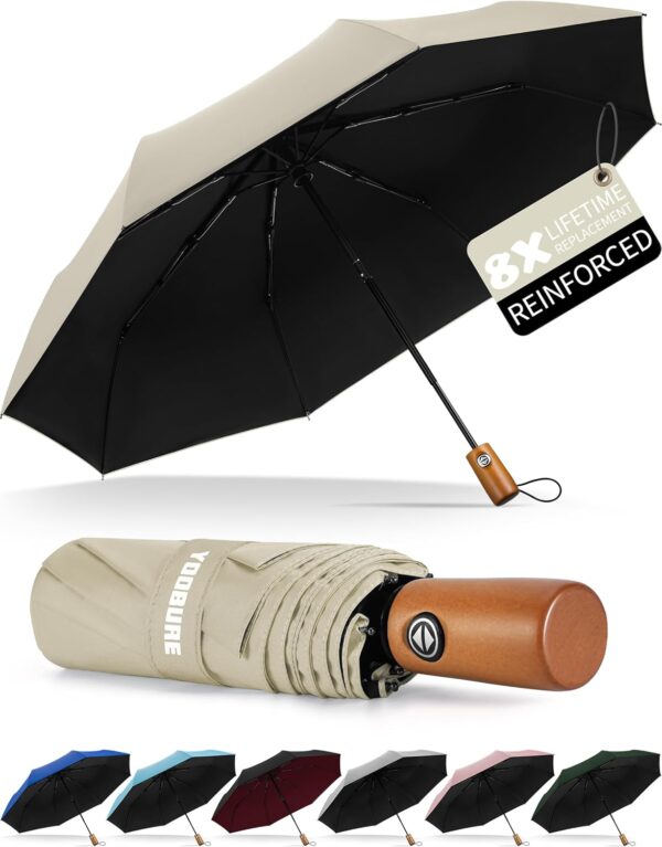Yoobure Windproof Travel Umbrella with Wood Handle, Automatic Umbrellas for Rain & UV Sun Protection, Compact 46" Large Canopy, Lightweight Backpack Portable for Walking & Outdoor