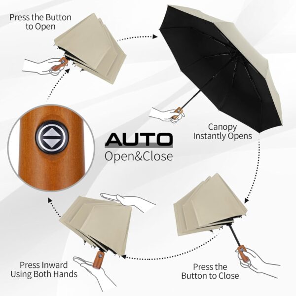 Yoobure Windproof Travel Umbrella with Wood Handle, Automatic Umbrellas for Rain & UV Sun Protection, Compact 46" Large Canopy, Lightweight Backpack Portable for Walking & Outdoor - Image 5