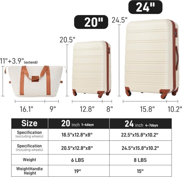 Merax Luggage sets of 3 Piece 20 24 IN Carry on Luggage Hard Case White and Brown Luggage Expandable Checked Luggage Suitcase Set with Wheels - Image 2