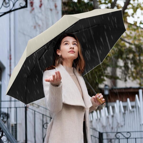 Yoobure Windproof Travel Umbrella with Wood Handle, Automatic Umbrellas for Rain & UV Sun Protection, Compact 46" Large Canopy, Lightweight Backpack Portable for Walking & Outdoor - Image 8