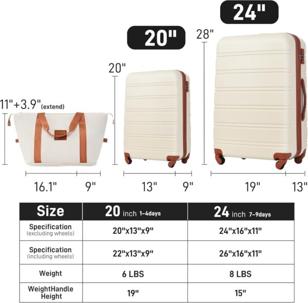 Merax Luggage sets of 3 Piece 20 24 IN Carry on Luggage Hard Case White and Brown Luggage Expandable Checked Luggage Suitcase Set with Wheels - Image 3