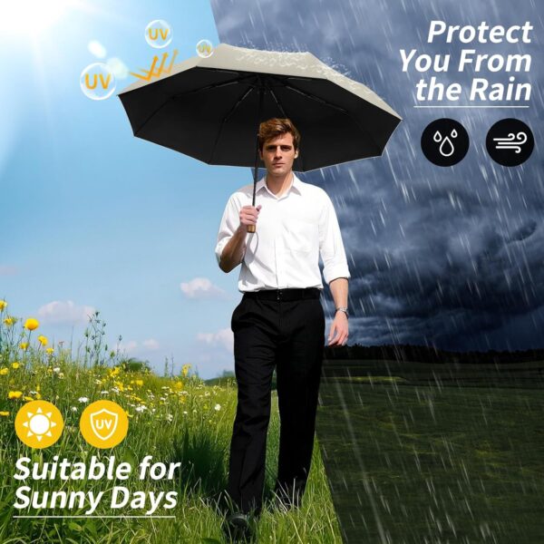 Yoobure Windproof Travel Umbrella with Wood Handle, Automatic Umbrellas for Rain & UV Sun Protection, Compact 46" Large Canopy, Lightweight Backpack Portable for Walking & Outdoor - Image 6