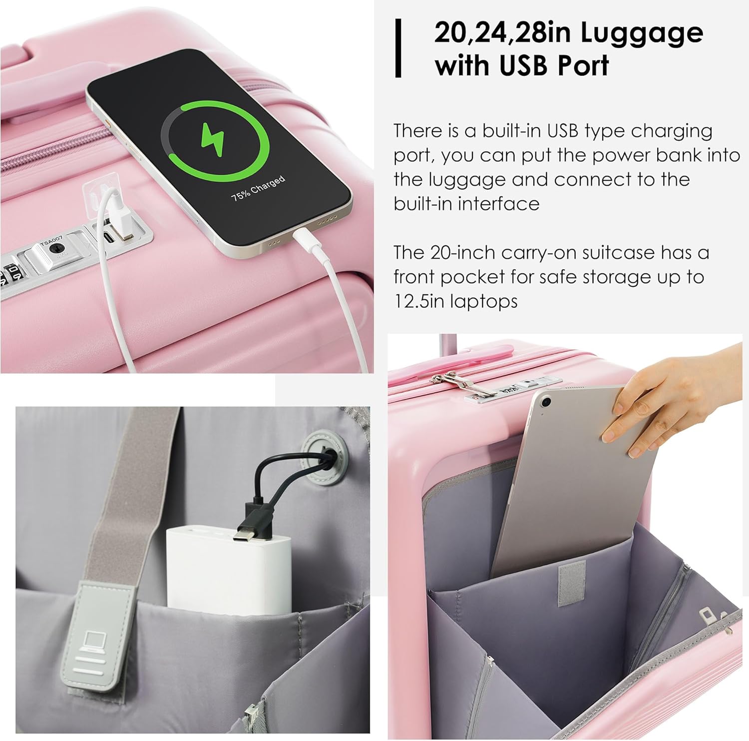 Merax Luggage Sets 3 Pcs, Hardside Suit case with Front Pocket Cup Holder and TSA Lock, Girlie Pink, 20/24/28 Inch - Image 3