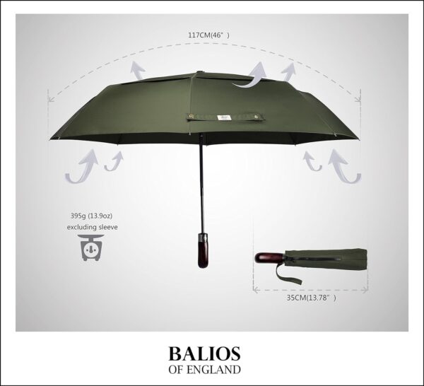 Travel Folding Umbrella with Real Wood Handle Auto Open Close Vented Windproof Canopy - Designed in UK - Image 4
