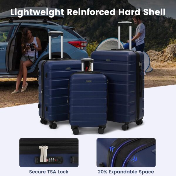 Kromax Lightweight 3 Piece Hardshell Luggage Set, Expandable, TSA Lock, 8 Packing Organizers, Reinforced Telescopic Handle, 360 Wheels, Blue - Image 6
