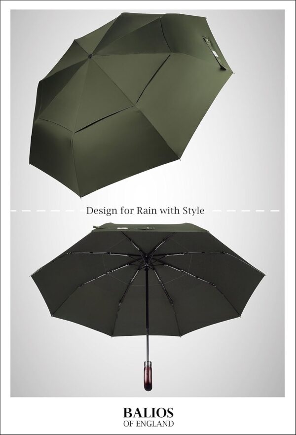 Travel Folding Umbrella with Real Wood Handle Auto Open Close Vented Windproof Canopy - Designed in UK - Image 3