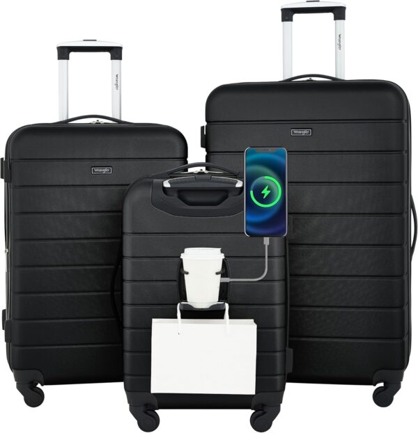 Wrangler Smart Luggage Cup Holder and USB Port, Black, 3 Piece Set