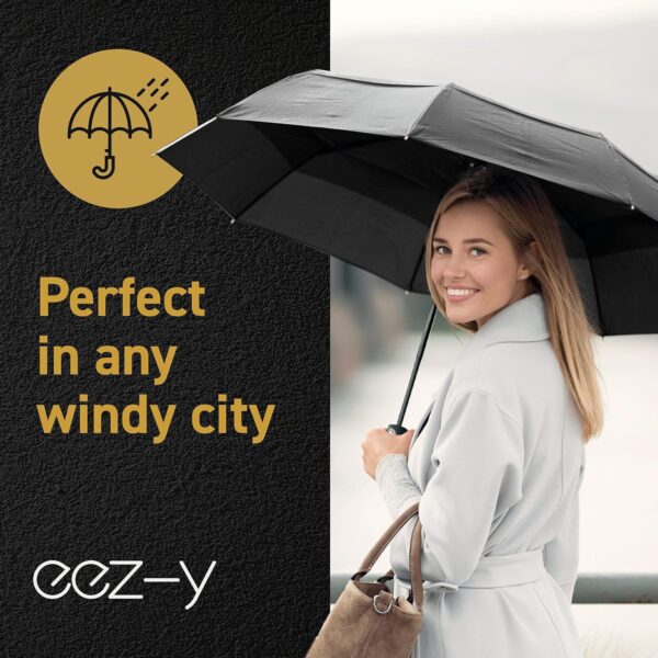 Windproof Travel Umbrellas for Rain - Lightweight, Strong, Compact with & Easy Auto Open/Close Button for Single Hand Use - Double Vented Canopy for Men & Women - Image 8