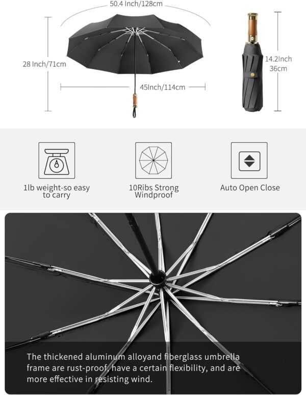 Rain Cats Large 46/50 Inch Umbrellas for rain Strong10 Ribs Fiberglass Umbrella Windproof Wabig Compact Automatic portable Folding Travel Thick Fabric Wood handle - Image 7