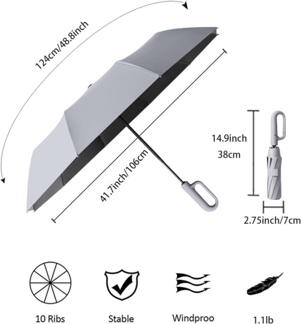 Travel Folding Golf Umbrella 10 Ribs Automatic Open/Close,Lightweight Compact Portable Backpack Car Parasol Outdoor,Sun/Rain,Anti 99 UV Protection UPF 50,Men Women Carabiner Handle Design - Image 2
