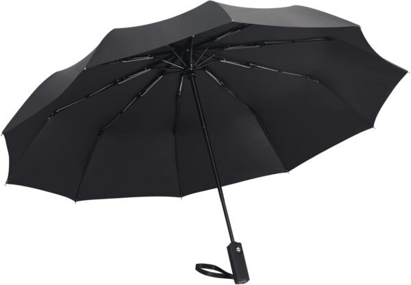 Windproof Travel Umbrella, Rain Sun and UV Resistant Auto Open Close Compact Portable Folding Umbrella for Car, Backpack, Men and Women, Black
