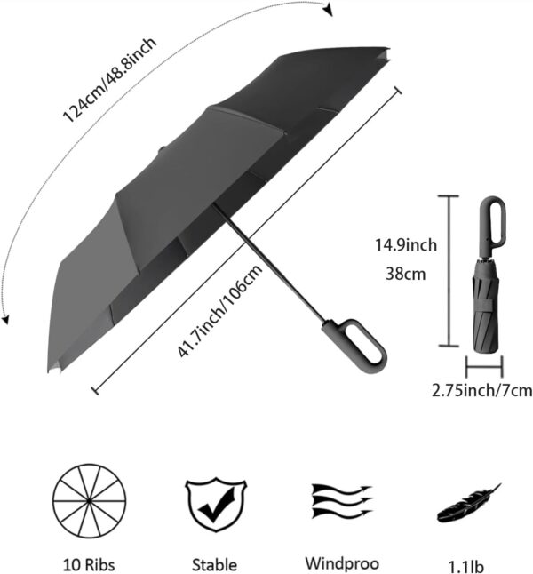 Travel Folding Golf Umbrella 10 Ribs Automatic Open/Close,Lightweight Compact Portable Backpack Car Parasol Outdoor,Sun/Rain,Anti 99 UV Protection UPF 50,Men Women Carabiner Handle Design - Image 2