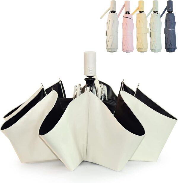SY COMPACT Umbrella Automatic Travel Waterproof Light Folding Umbrellas Easy Carry for Women and Men (Creamy White) - Image 2