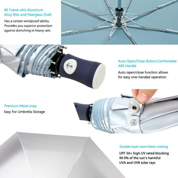 FDJASGY Silver Coating Layer Fabric Blocking UV 99.9% Sun Umbrella Compact Folding Travel Umbrella Automatic Folding Windproof Umbrellas For Men and Women (Blue) - Image 6
