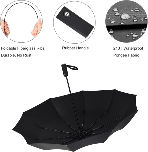 Windproof Travel Umbrella, Rain Sun and UV Resistant Auto Open Close Compact Portable Folding Umbrella for Car, Backpack, Men and Women, Black - Image 3