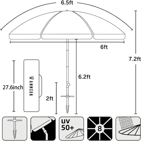 AMMSUN 6.5ft twice folded Portable beach umbrella with sand anchor windproof, Push Button Tilt and Air vent UPF 50+ Protection Fits in a large Suitcase for Patio Garden Beach Pool Backyard Blue - Image 6