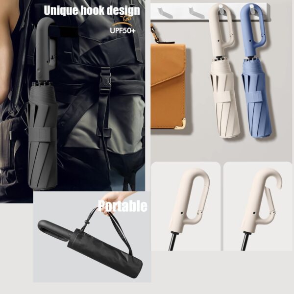 Travel Folding Golf Umbrella 10 Ribs Automatic Open/Close,Lightweight Compact Portable Backpack Car Parasol Outdoor,Sun/Rain,Anti 99 UV Protection UPF 50,Men Women Carabiner Handle Design - Image 3