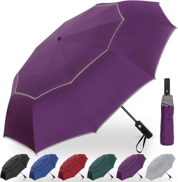 Satol Extra Large Golf Umbrella, 46/54/62 Inch Windproof 10 Ribs Vented Double Canopy Reflective Strips Automatic Open/Close Waterproof UV Protection Portable Compact Umbrella for Outdoor & Travel