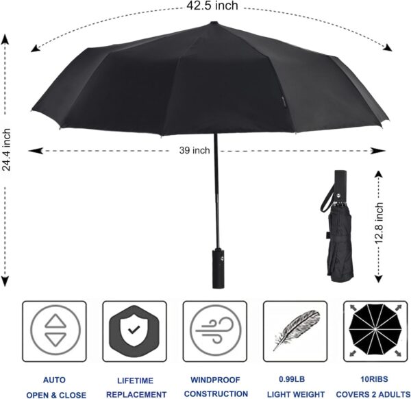 Windproof Travel Umbrella, Rain Sun and UV Resistant Auto Open Close Compact Portable Folding Umbrella for Car, Backpack, Men and Women, Black - Image 2
