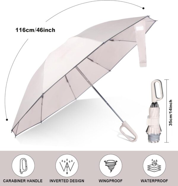 QWB TUMAAOTU Inverted Umbrella with Carabiner Handle, Wind Proof Umbrellas For Rain and Sun, 46 Inch Portable Reverse Folding UV Umbrella, Car Umbrella for Women Men, 10 Ribs - Image 6