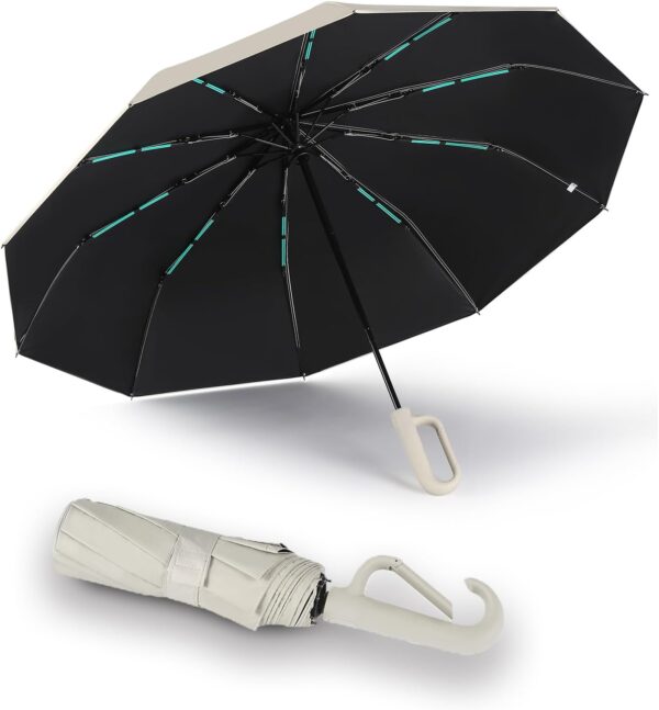 Travel Folding Golf Umbrella 10 Ribs Automatic Open/Close,Lightweight Portable Backpack Car Parasol Outdoor,Sun/Rain,Anti 99 UV Protection UPF 50,Men Women Carabiner Handle Design