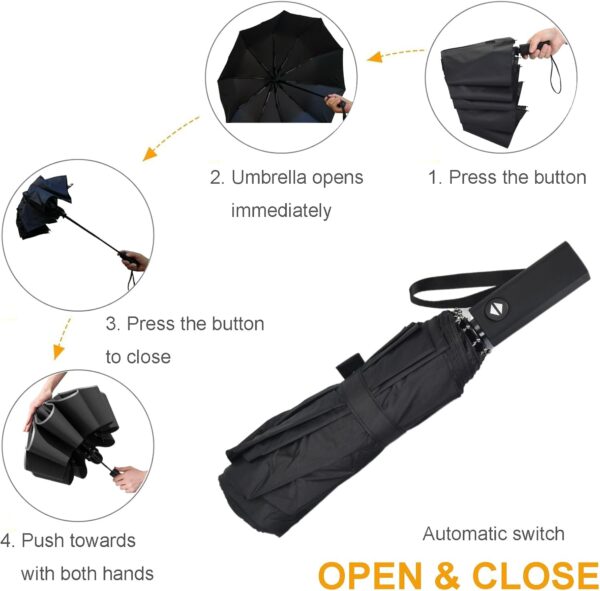 Windproof Travel Umbrella, Rain Sun and UV Resistant Auto Open Close Compact Portable Folding Umbrella for Car, Backpack, Men and Women, Black - Image 5