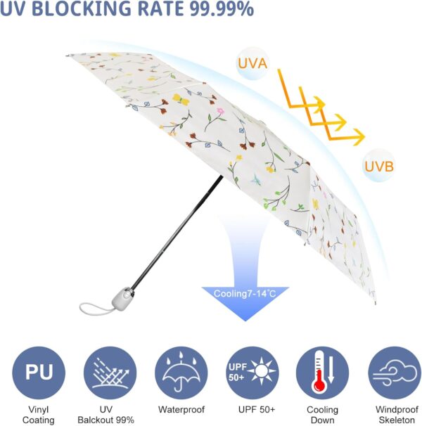 Cuby UV Sun Umbrella Compact Folding Travel Umbrella Auto Open and Close for Windproof, Rainproof & 99.9% UV Protection Parasol with Black Anti-UV Coating - Image 3