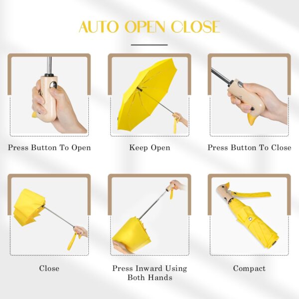 Cute Duck Umbrella Automatic - Compact Pretty Pocket Size Strong Duck Collapsible Umbrella Yellow Wooden Handle for Women - Image 6