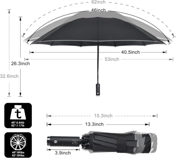 Lejorain Folding Reverse LED Umbrella - Upside Down Reflective Umbrellas Compact Inverted Travel Windproof Umbrella Auto Open Close for Rain - Image 2