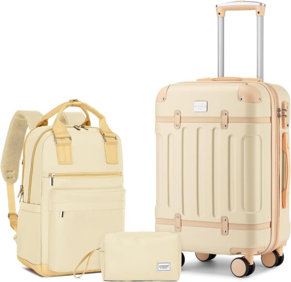 LARVENDER Luggage Sets 3 Piece Expandable Carry on Luggage 22x14x9 Airline Approved Hardshell Suitcase with Wheels TSA Lock, Lightweight Suitcase Set for Women with Travel Backpack, Cloud Cream