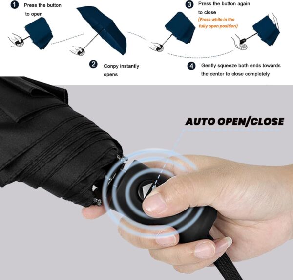 SIEPASA Compact Travel Umbrella - Windproof Auto Open/Close, Small Folding Umbrella for Rain - Lightweight & Durable with Fiberglass Frame, Waterproof Canopy - Fits Backpack, Purse, Suitcase. (Black) - Image 3