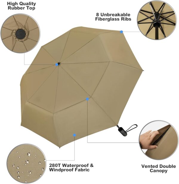 Travel Umbrella Compact, Portable Umbrella with Waterproof & Absorbent Bag, Windproof Folding Umbrella, Small Lightweight Umbrella, Automatic Umbrella for Men Women - Image 5
