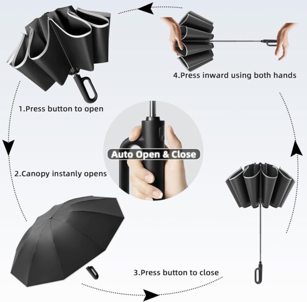 Cuysfead Inverted Travel Umbrella With Carabiner Handle, Ring Buckle for Rain and UV Protection, Compact Reverse With Reflective Strip for Women Men - Image 6
